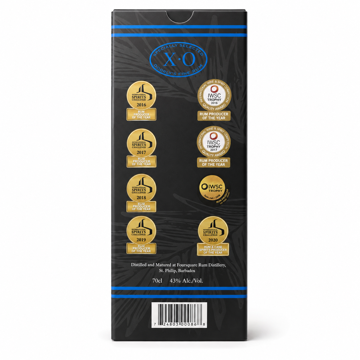 The back of a black X-O liquor box with blue stripes and multiple gold award seals, photographed on a plain white background.