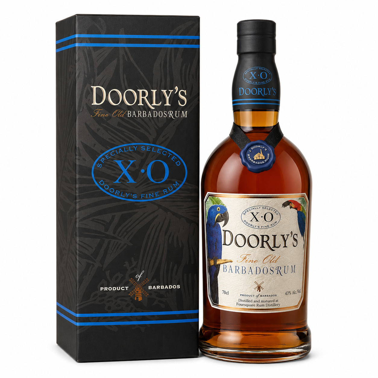 A bottle of Doorly's Fine Old Barbadosrum alongside its black packaging box with blue accents, set against a plain white background.