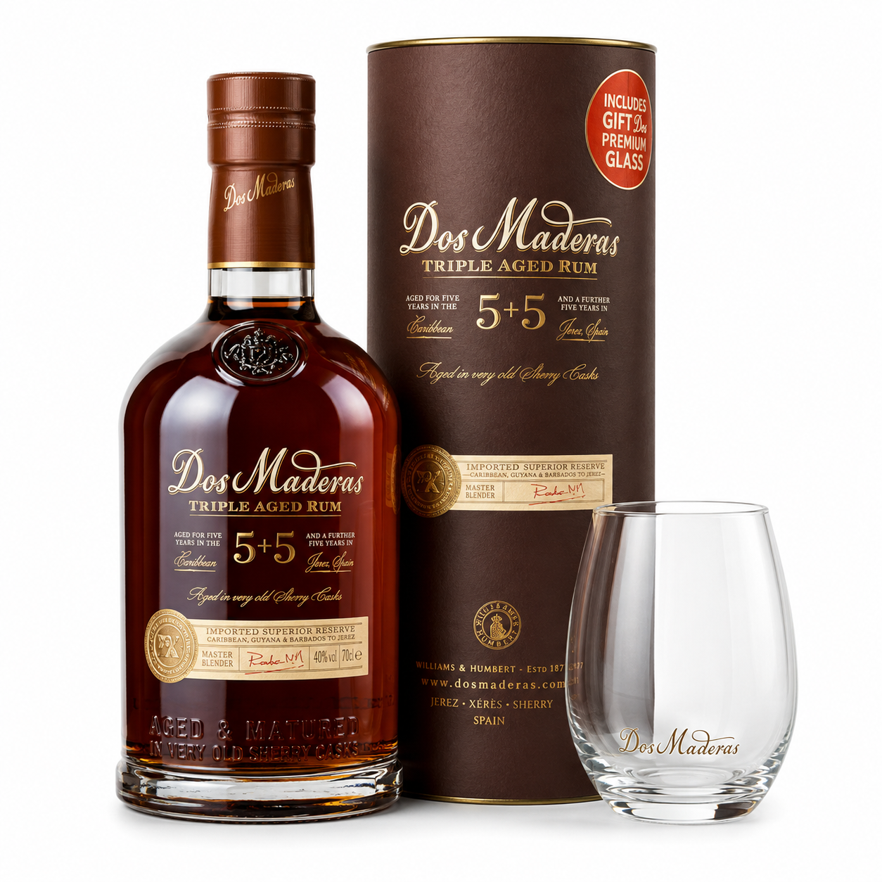 Dos Maderus Triple Aged Rum bottle with its matching brown gift box and a clear glass, photographed on a clean white background.