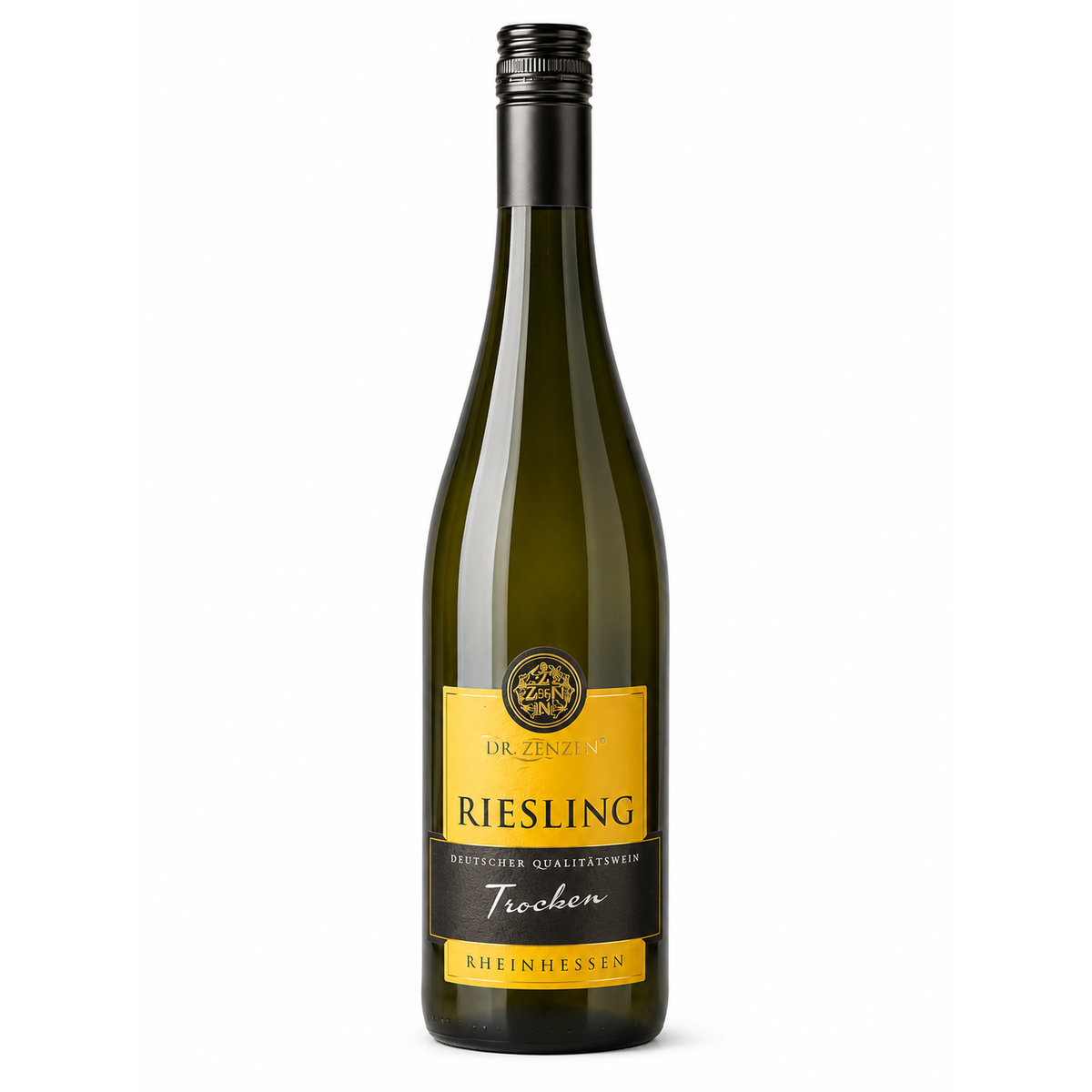 A bottle of Dr. Zenzen Riesling Trocken a yellow and balck label of white wine on a clean white background.