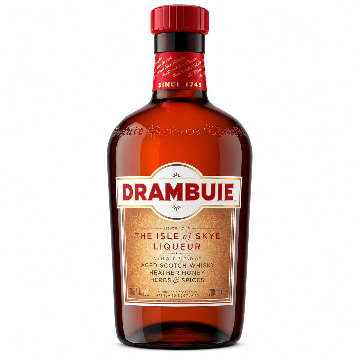 A bottle of Drambuie The Isle of Skye Liqueur, featuring an amber glass bottle with a red cap and a cream-colored label with red and gold text.