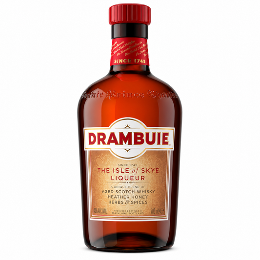 A bottle of Drambuie The Isle of Skye Liqueur, featuring an amber glass bottle with a red cap and a cream-colored label with red and gold text.