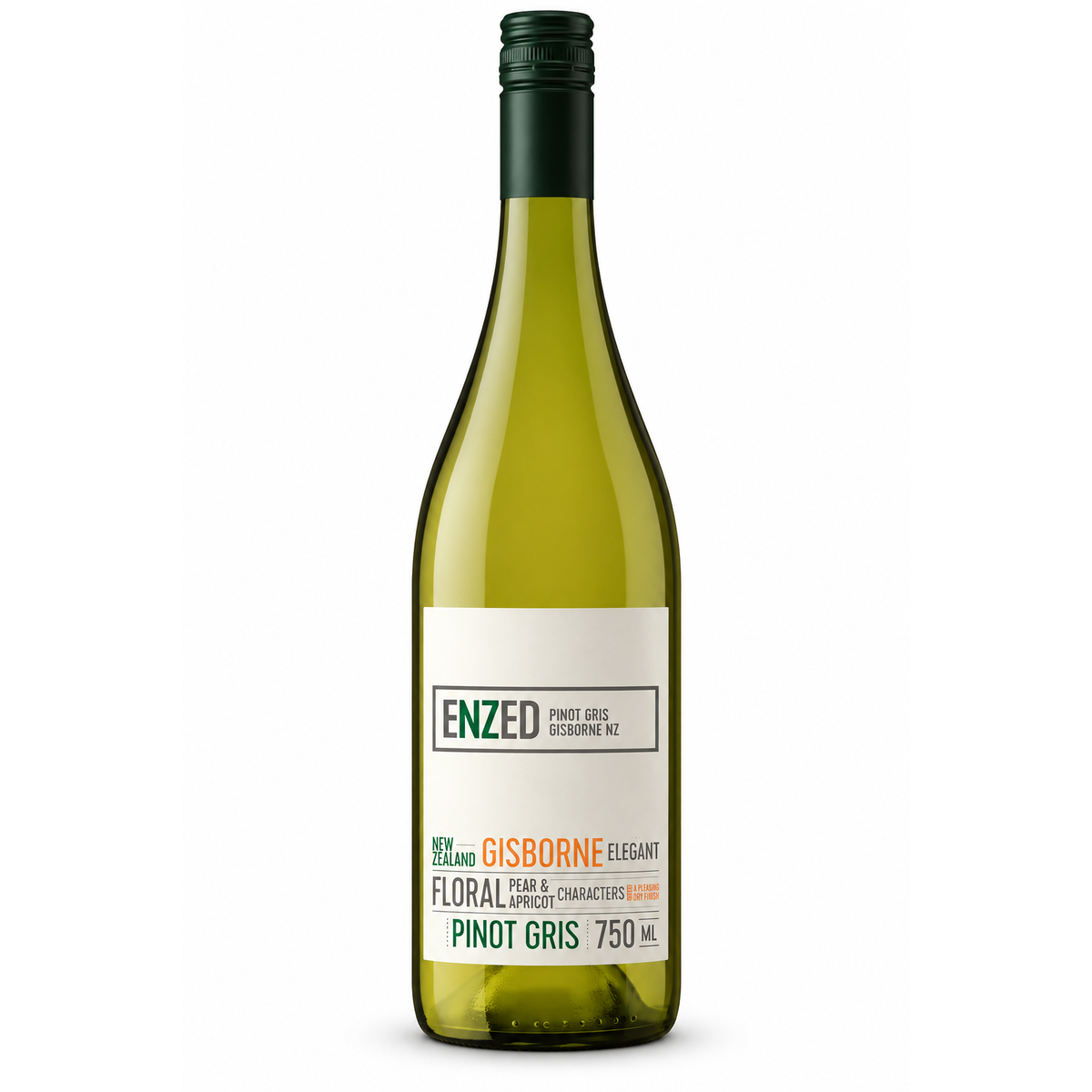 A bottle of Enzed Gisborne Elegant Pinot Gris on a plain white background. The bottle is made of olive-green glass with a dark green screw cap and a white label featuring green, black, and orange text.