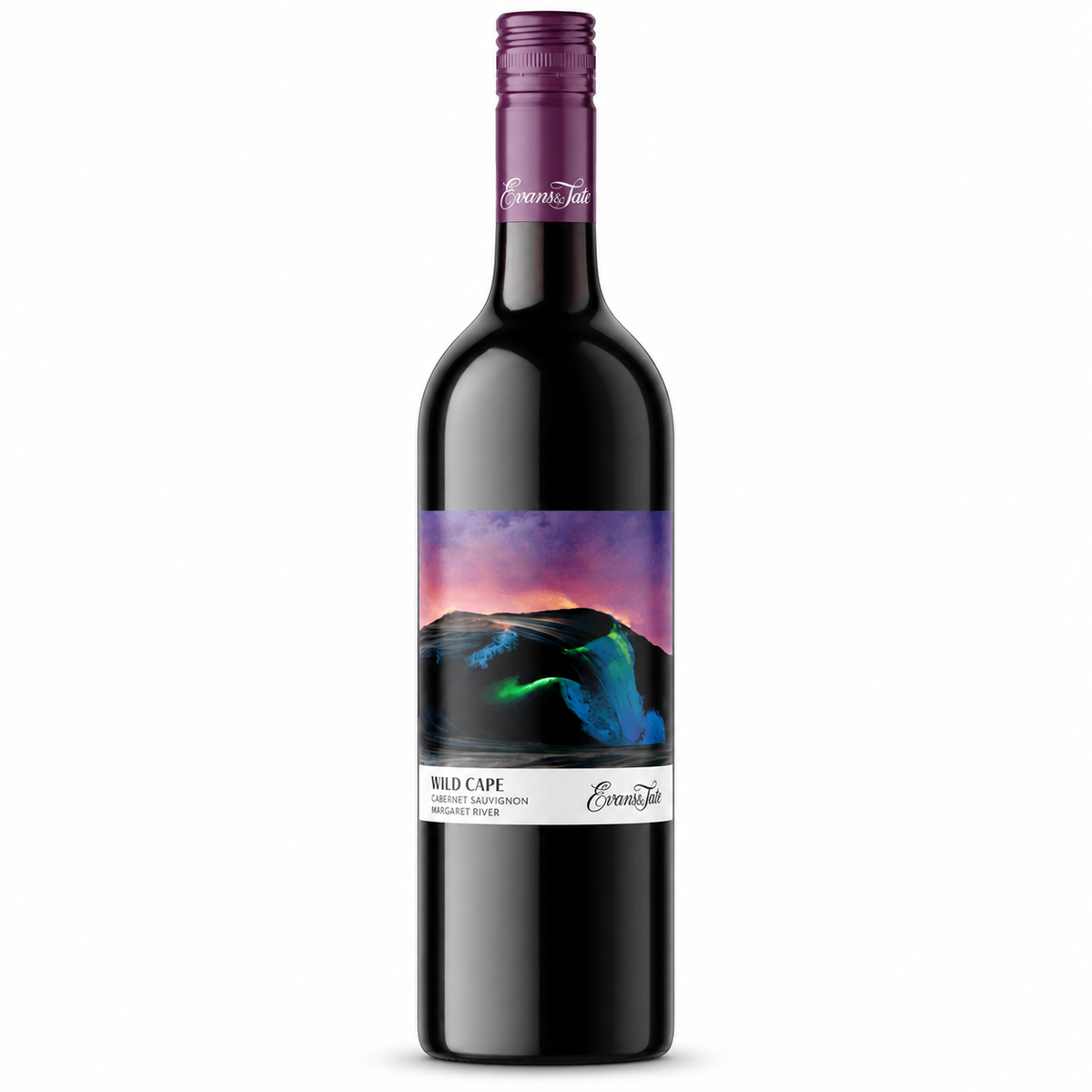 A bottle of Evans & Tate Wild Cape Cabernet Sauvignon, featuring a dark glass bottle with a purple foil capsule and a colorful label depicting a landscape under a purple and pink sky.