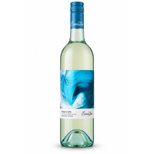 A bottle of Evans & Tate Wild Cape 2024 Sauvignon Blanc white wine, featuring a blue abstract wave label and a blue foil capsule on a white background.
