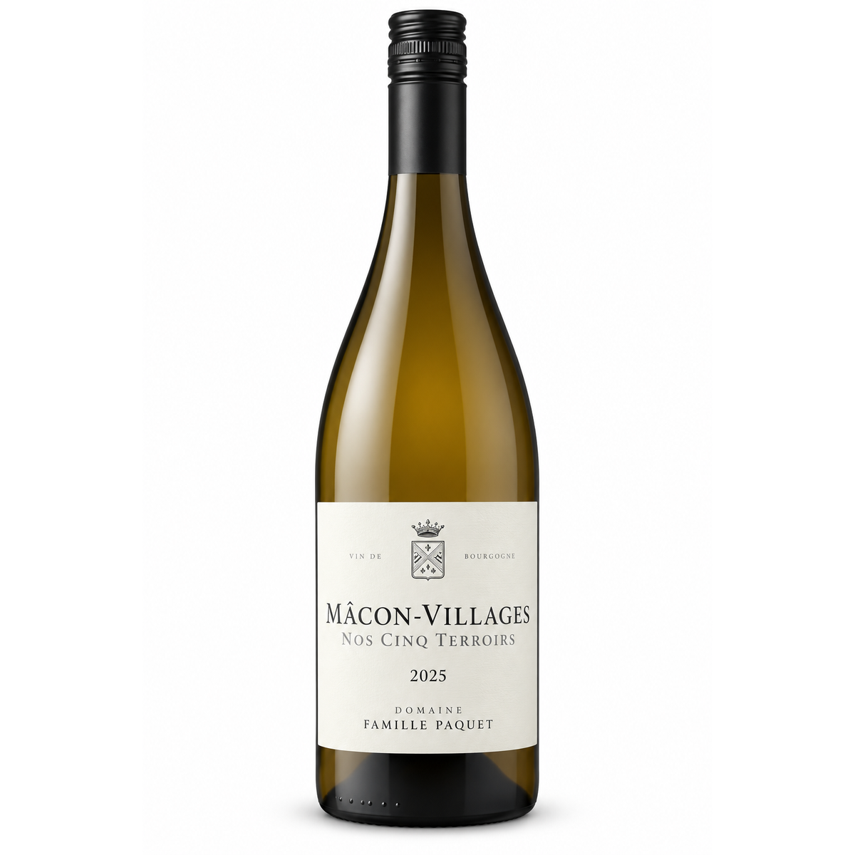 A bottle of Mâcon-Villages Nos Cinq Terroirs 2025 white wine from Domaine Famille Paquet, featuring a white label and black screw cap on a clean white background.