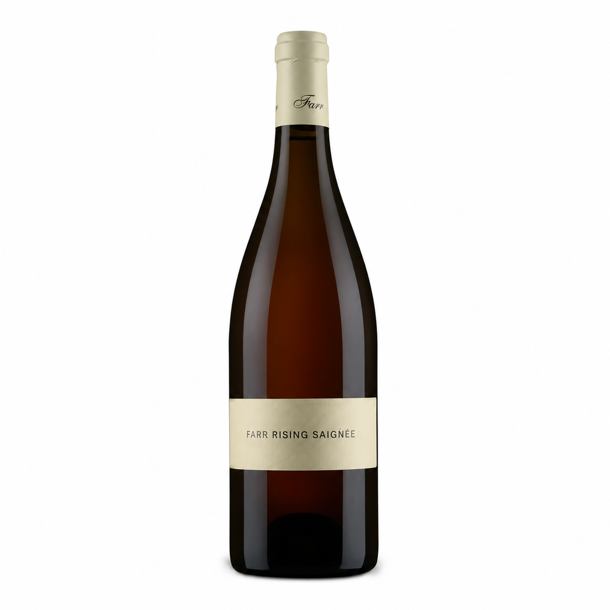 A bottle of Farr Rising Saignee white wine, featuring a dark brown glass bottle with a cream-colored label and a light beige foil capsule at the neck, set against a plain white background.