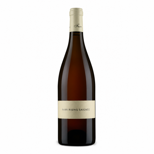 A bottle of Farr Rising Saignee white wine, featuring a dark brown glass bottle with a cream-colored label and a light beige foil capsule at the neck, set against a plain white background.