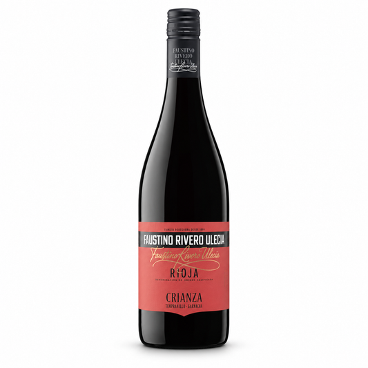 A bottle of Fausto Rivero Ulecia Rioja red wine, featuring a black glass bottle with a black screw cap and a red label with black and gold text, set against a plain white background.