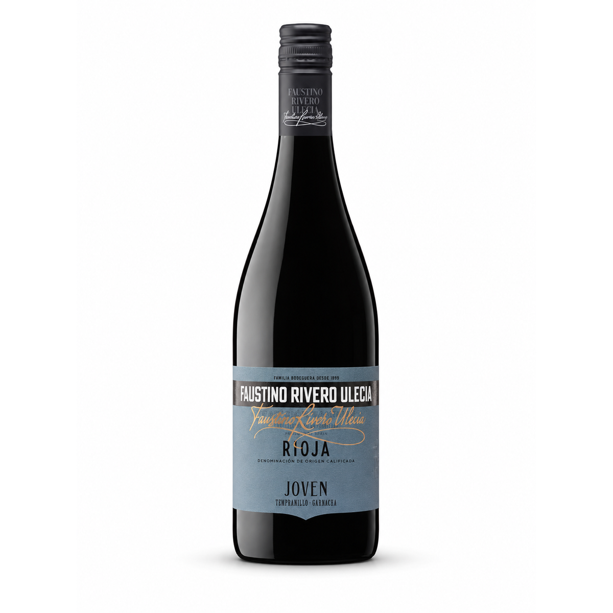 A bottle of Faustino Rivero Ulecia Rioja Joven red wine, featuring a dark glass bottle with a light blue-gray label and a black screw cap, set against a plain white background.