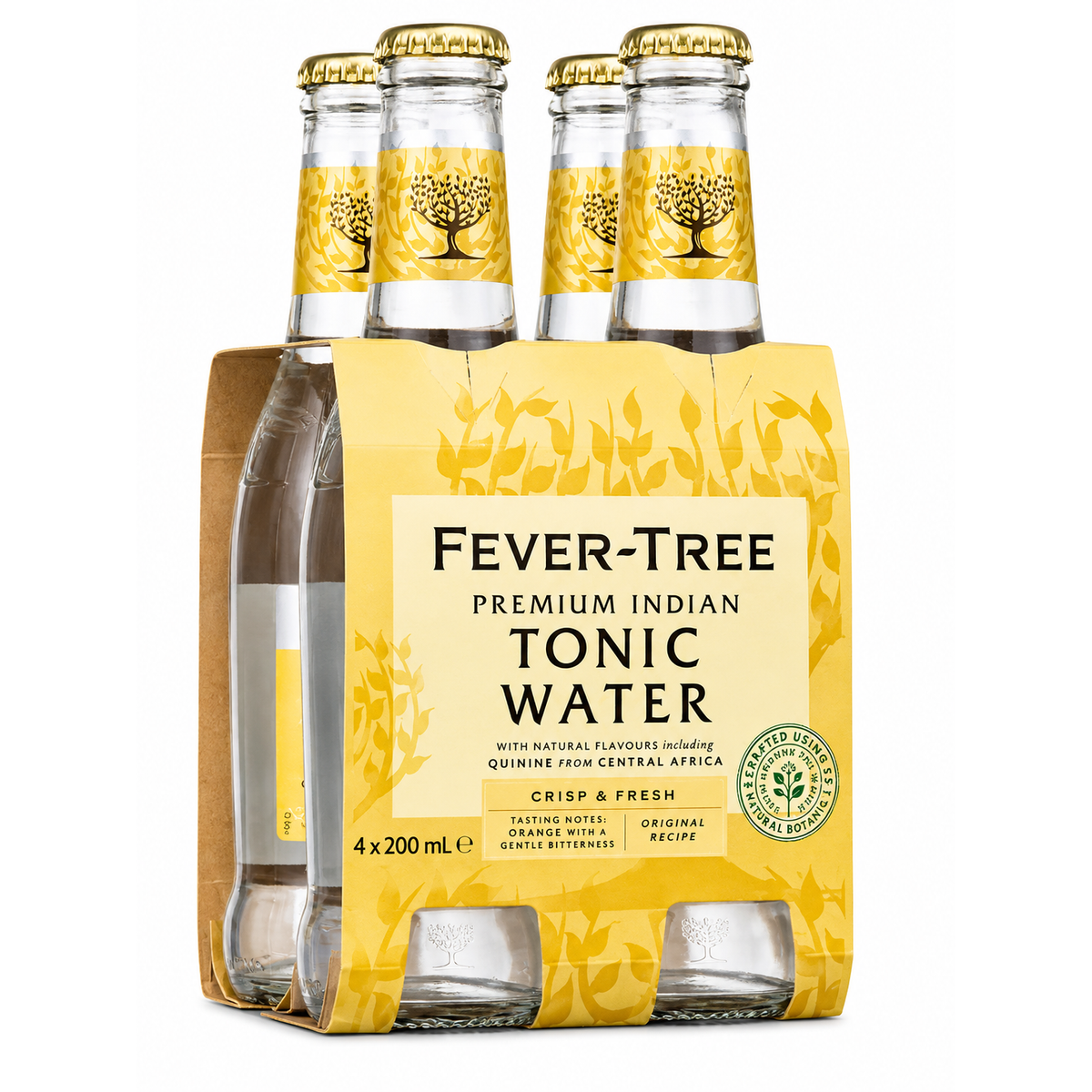 A four-pack of Fever-Tree Premium Indian Tonic Water in clear glass bottles with gold caps, held in a yellow cardboard carrier sleeve with matching yellow label graphics on a white background.