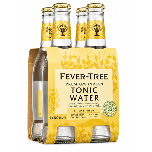A four-pack of Fever-Tree Premium Indian Tonic Water in clear glass bottles with gold caps, held in a yellow cardboard carrier sleeve with matching yellow label graphics on a white background.