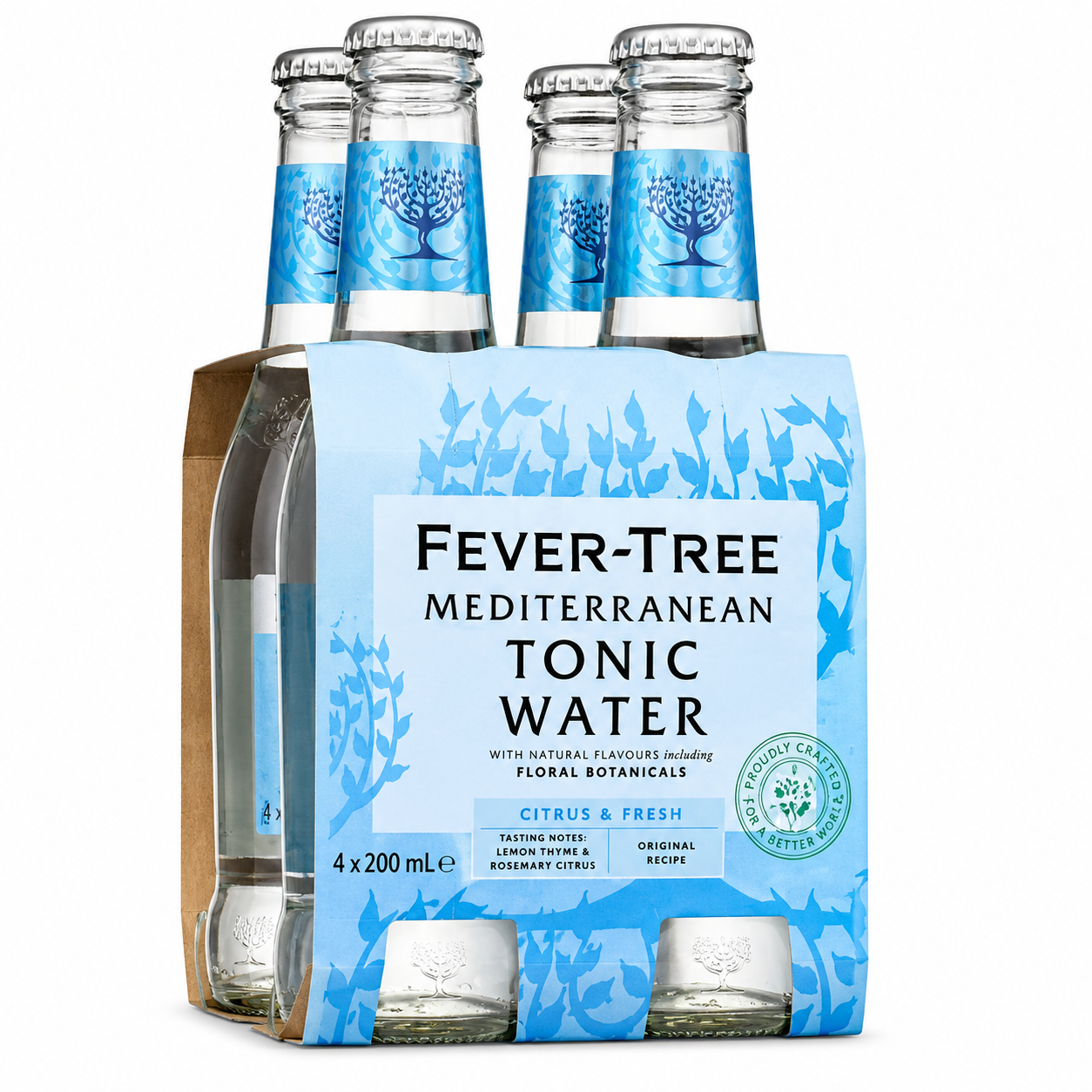 A six-pack of Fever-Tree Mediterranean Tonic Water in glass bottles with a blue cardboard carrier sleeve. The packaging features a light blue floral design and a white label with black text.