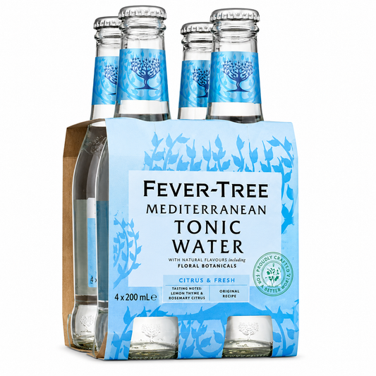 A six-pack of Fever-Tree Mediterranean Tonic Water in glass bottles with a blue cardboard carrier sleeve. The packaging features a light blue floral design and a white label with black text.