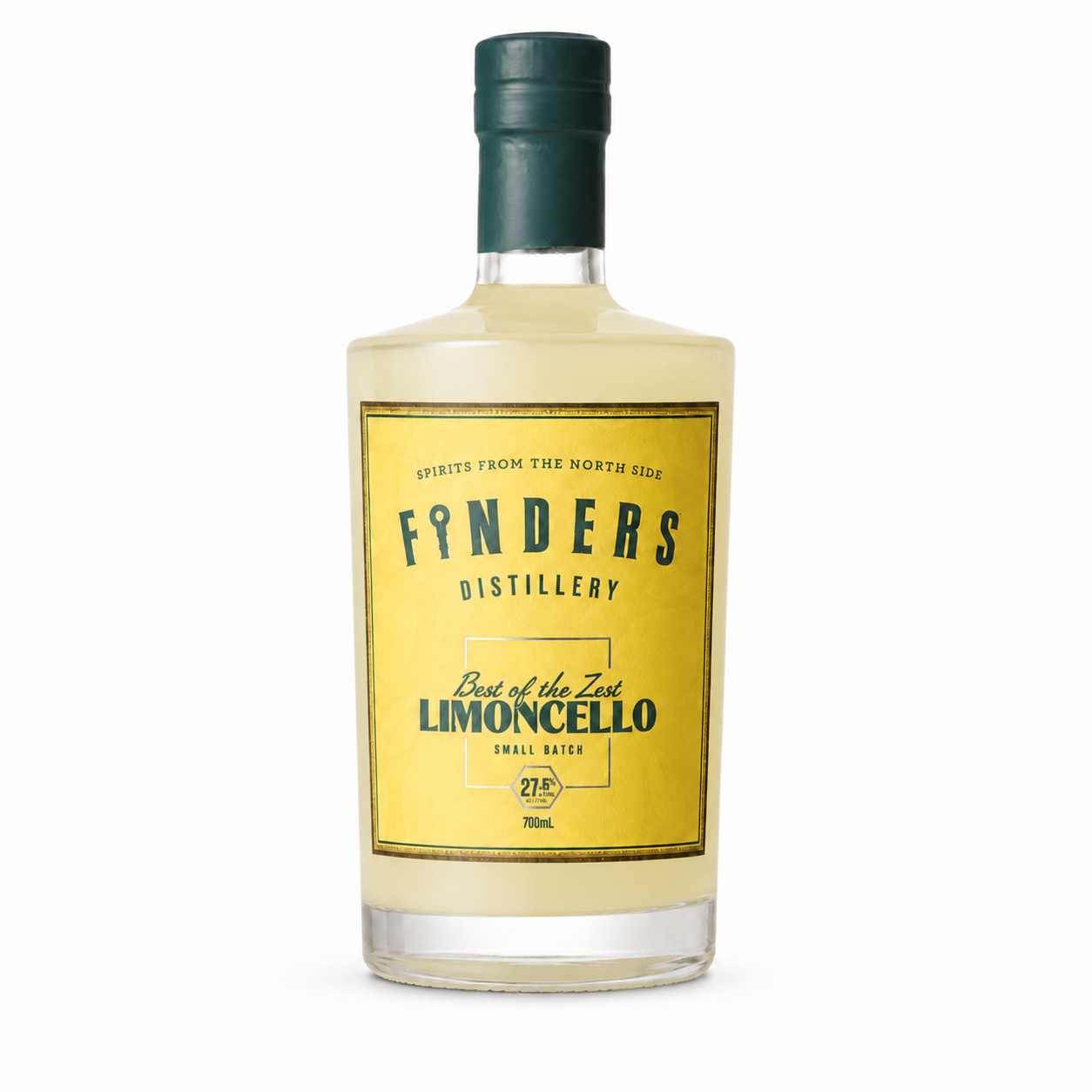 A 700ml bottle of Finders Distillery Limoncello spirit from the North Side, featuring a yellow label and a dark green cap, set against a plain white background.