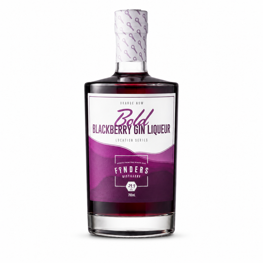 A bottle of Bold Blackberry Gin Liqueur by Fnders Distillery, featuring a dark glass bottle with a white and purple label and a patterned white neck seal, set against a plain white background.