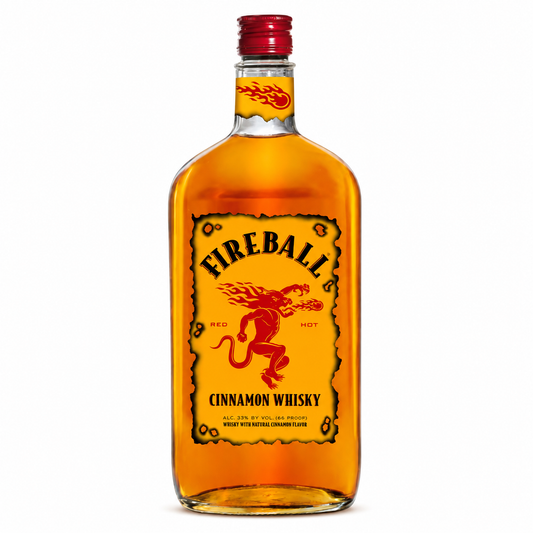 A bottle of Fireball Cinnamon Whisky with a red cap and a yellow-orange label featuring the iconic red fireball logo, shown on a plain white background.
