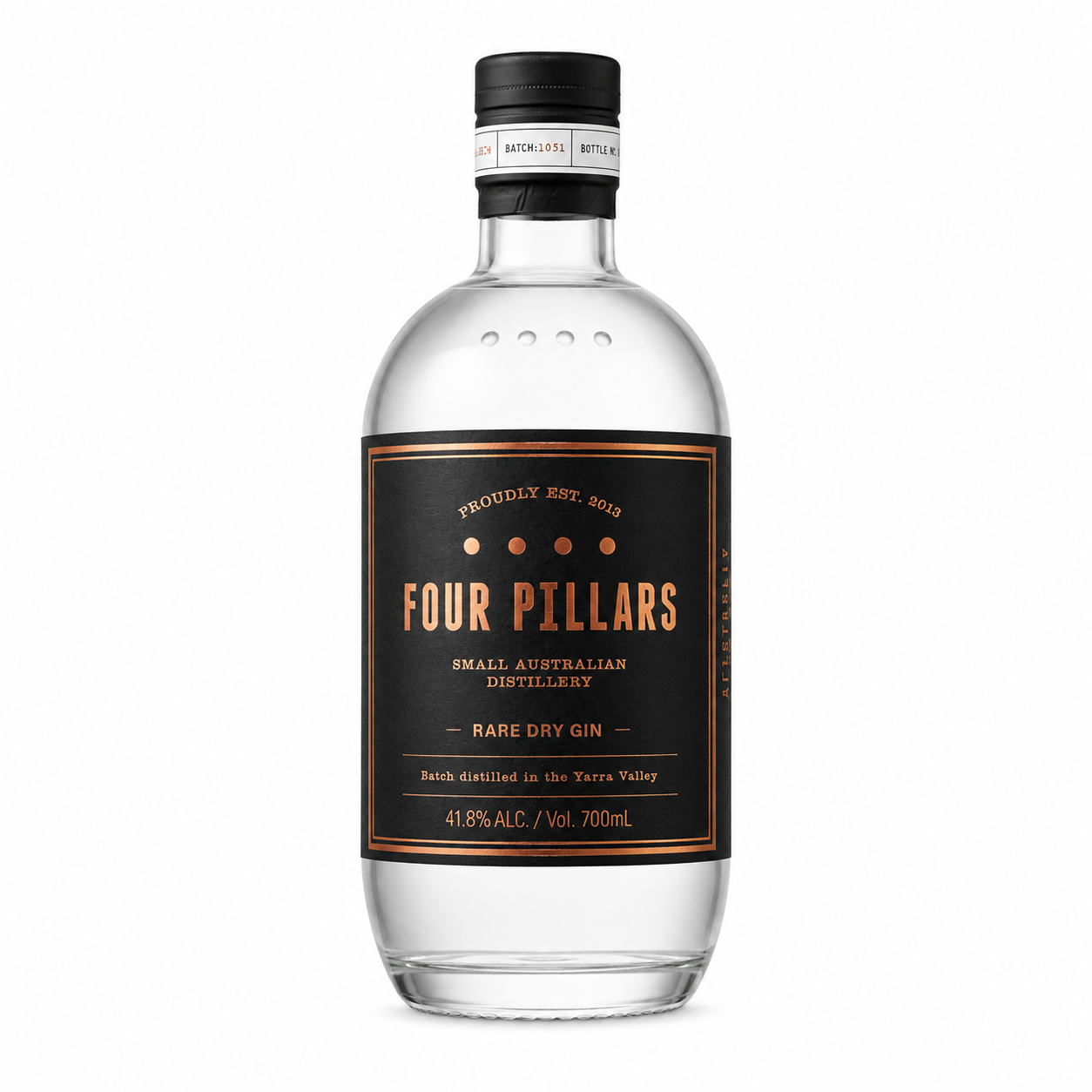A bottle of Four Pillars Rare Dry Gin on a solid white background. The clear glass bottle features a black cap and a black label with gold and white text.