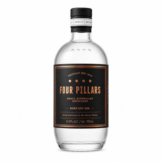 A bottle of Four Pillars Rare Dry Gin on a solid white background. The clear glass bottle features a black cap and a black label with gold and white text.