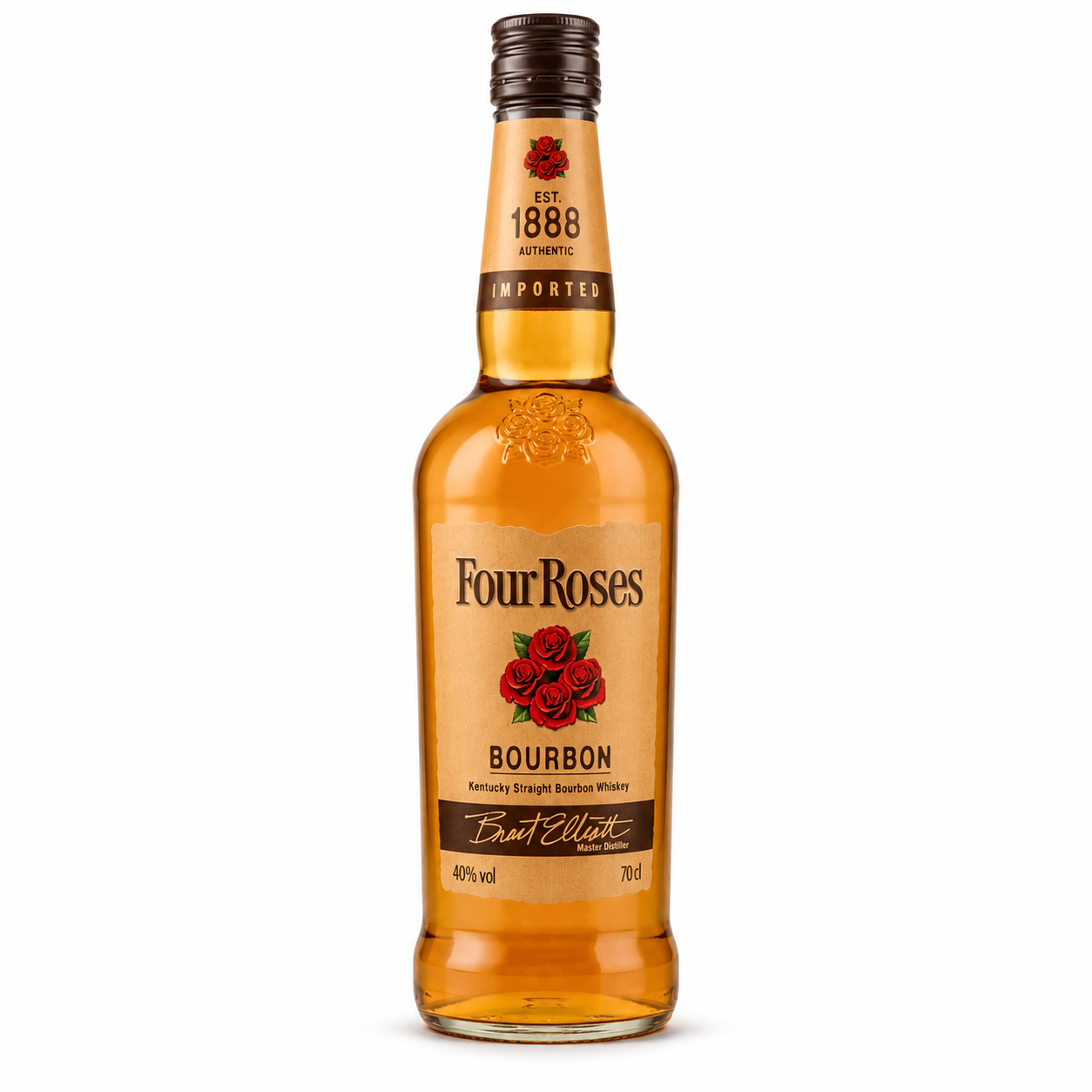 A 70cl bottle of Four Roses Bourbon Straight Bourbon Spirits, featuring a classic amber glass bottle with a cream-colored label, red rose graphic, and a dark brown cap, set against a plain white background.