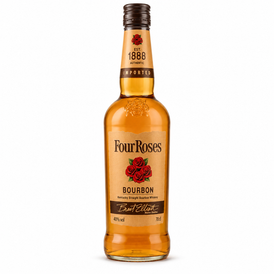A 70cl bottle of Four Roses Bourbon Straight Bourbon Spirits, featuring a classic amber glass bottle with a cream-colored label, red rose graphic, and a dark brown cap, set against a plain white background.