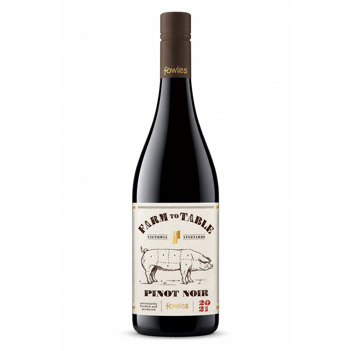 A bottle of Fowles Farm to Table Pinot Noir red wine, featuring a dark glass bottle with a brown screw cap and a cream-colored label with a pig illustration.