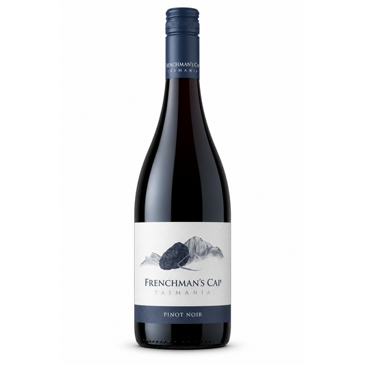 A bottle of Frenchman's Cap Pinot Noir red wine from Tasmania, featuring a dark glass bottle, a dark blue foil capsule, and a white label with a minimalist mountain illustration.