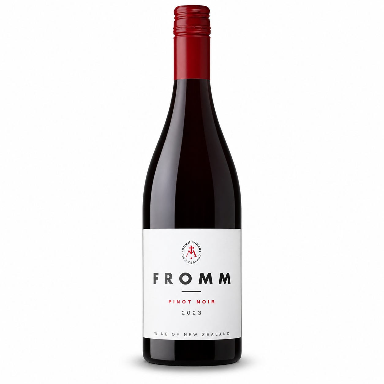A bottle of Fromm Pinot Noir 2023 wine, featuring a dark glass bottle with a deep red liquid, a red foil capsule, and a clean white label with black and red text, set against a plain white background.