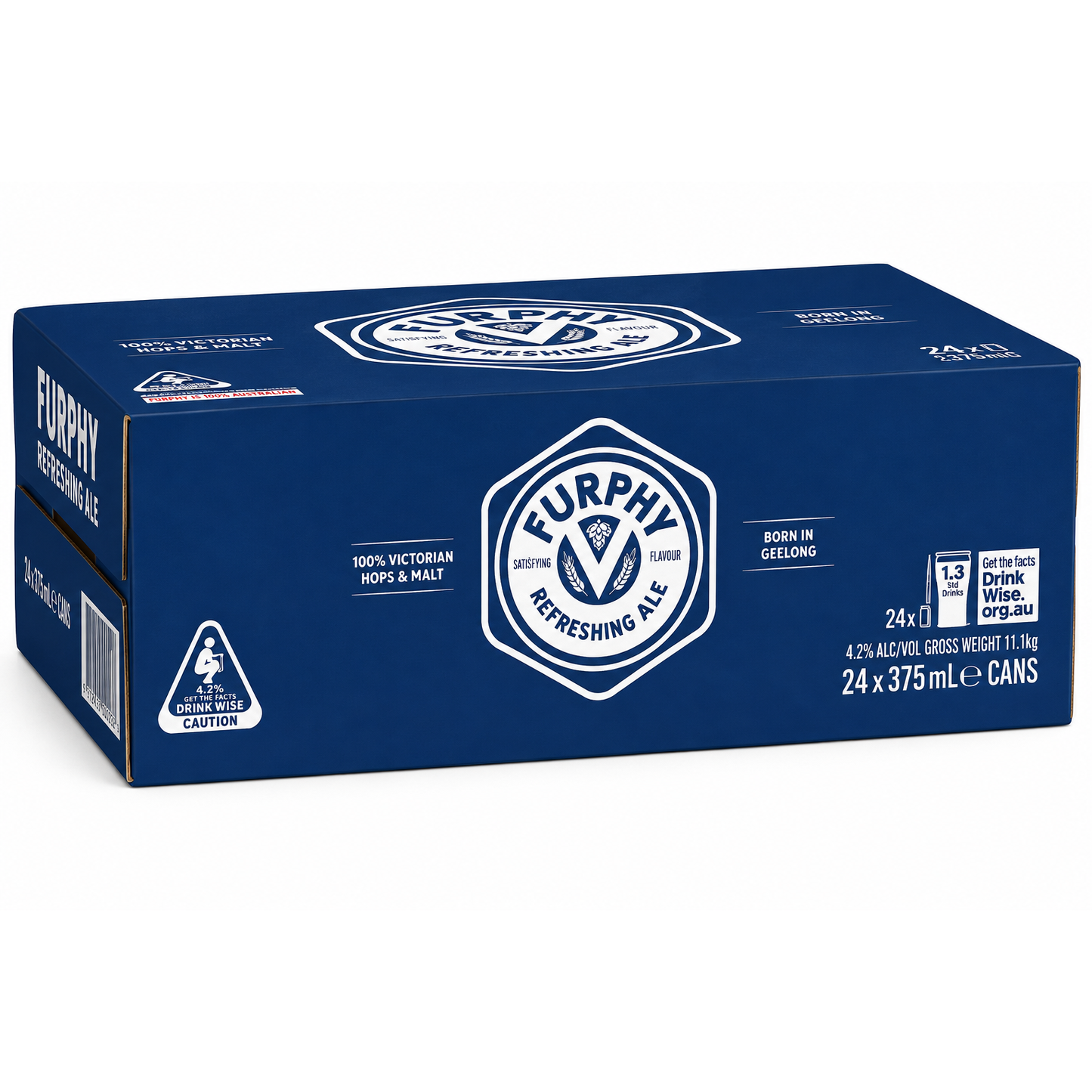 A 24-pack cardboard carton of Furphy Refreshing Ale, featuring a dark blue design with white text and logo details.