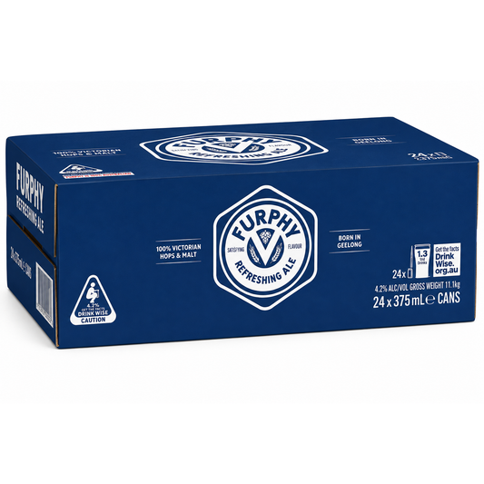 A 24-pack cardboard carton of Furphy Refreshing Ale, featuring a dark blue design with white text and logo details.