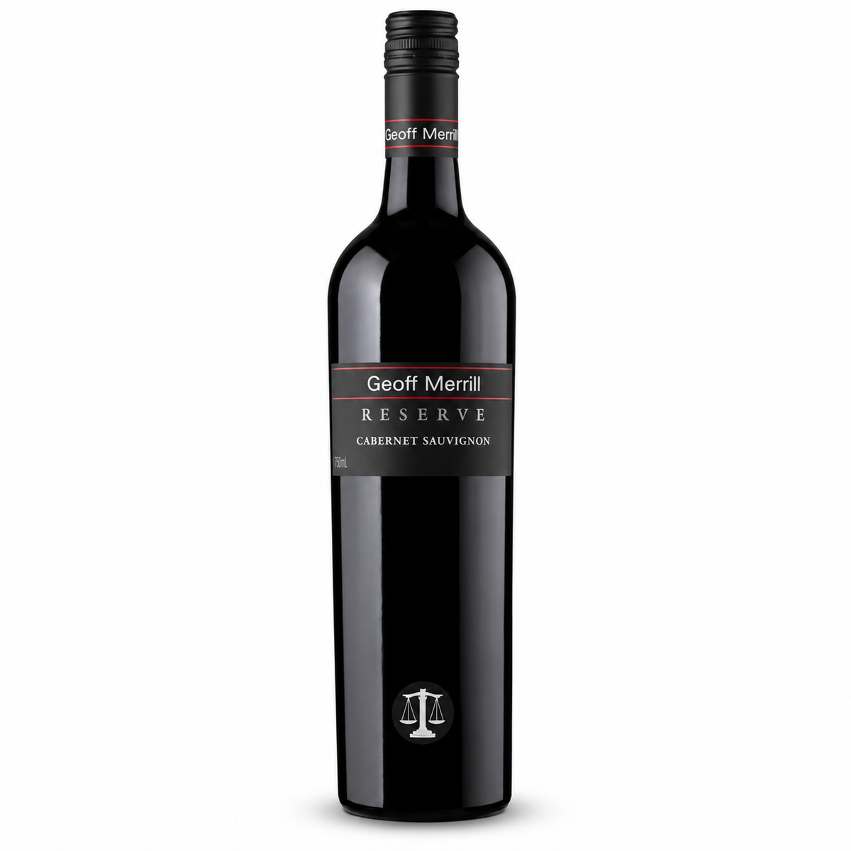 A bottle of Geoff Merrill Reserve Shiraz - a black bottle with black label, white font and red lines. 