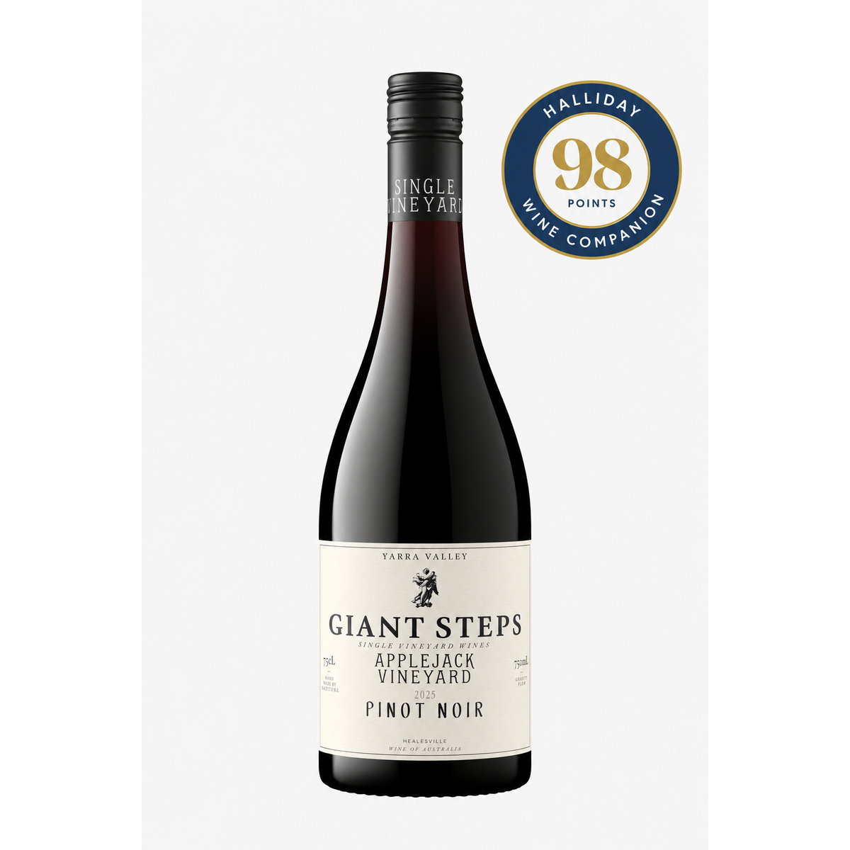 A bottle of Giant Steps Pinot Noir from Yaera Valley Vineyard, featuring a cream-colored label and a black capsule, shown against a light gray background with a Halliday 98 Wine Companion badge in the top right corner.