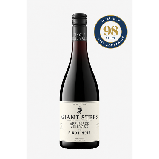 A bottle of Giant Steps Pinot Noir from Yaera Valley Vineyard, featuring a cream-colored label and a black capsule, shown against a light gray background with a Halliday 98 Wine Companion badge in the top right corner.
