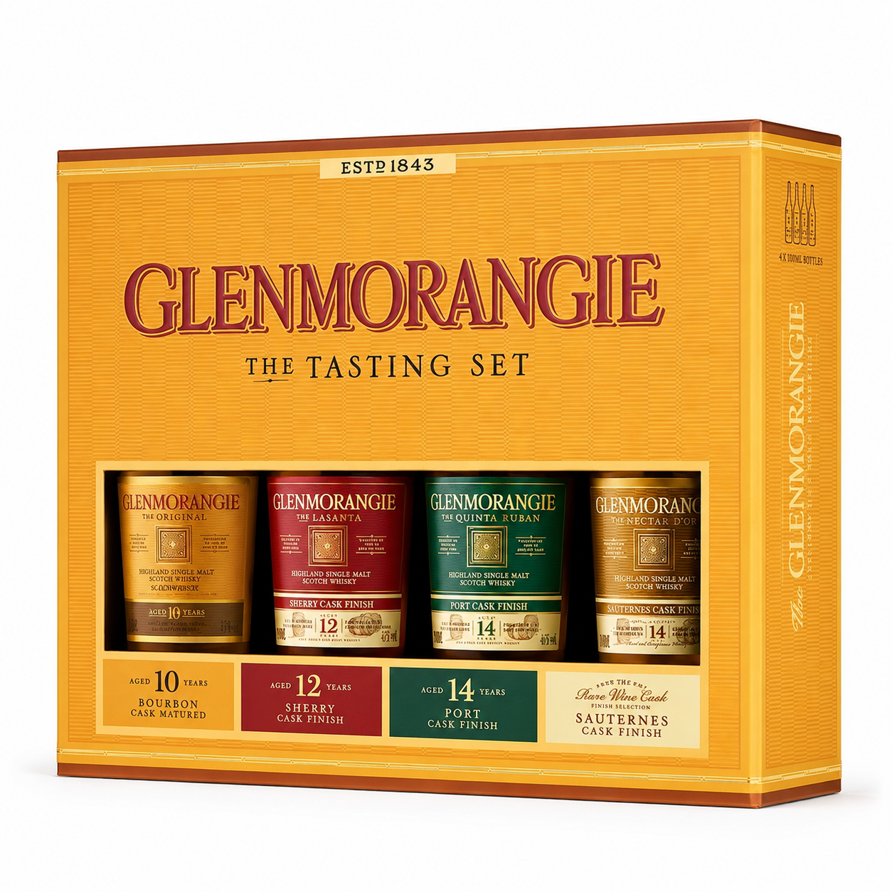 Glenmorangie The Tasting Set gift box containing four whisky bottles in different cask finishes, presented in a golden-yellow packaging box.