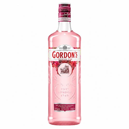 A bottle of Gordon's Premium Gin with a pink label and pink liquid, shown on a plain white background.