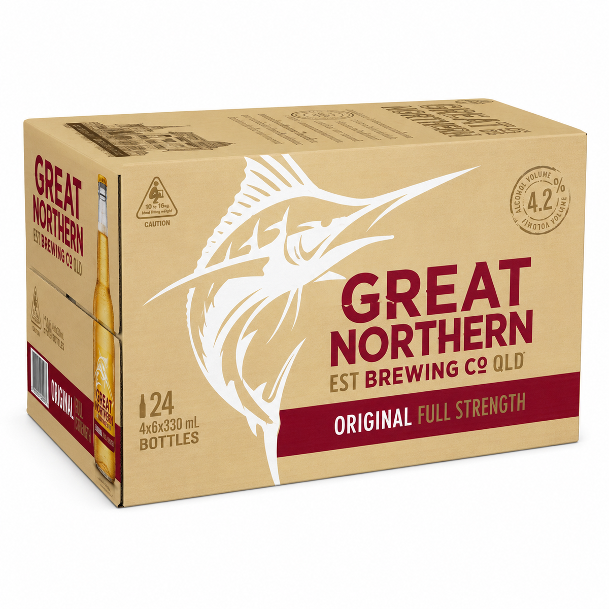 A cardboard 24-pack case of Great Northern Original Full Strength beer bottles, featuring a large white marlin graphic and red branding on a light tan box.