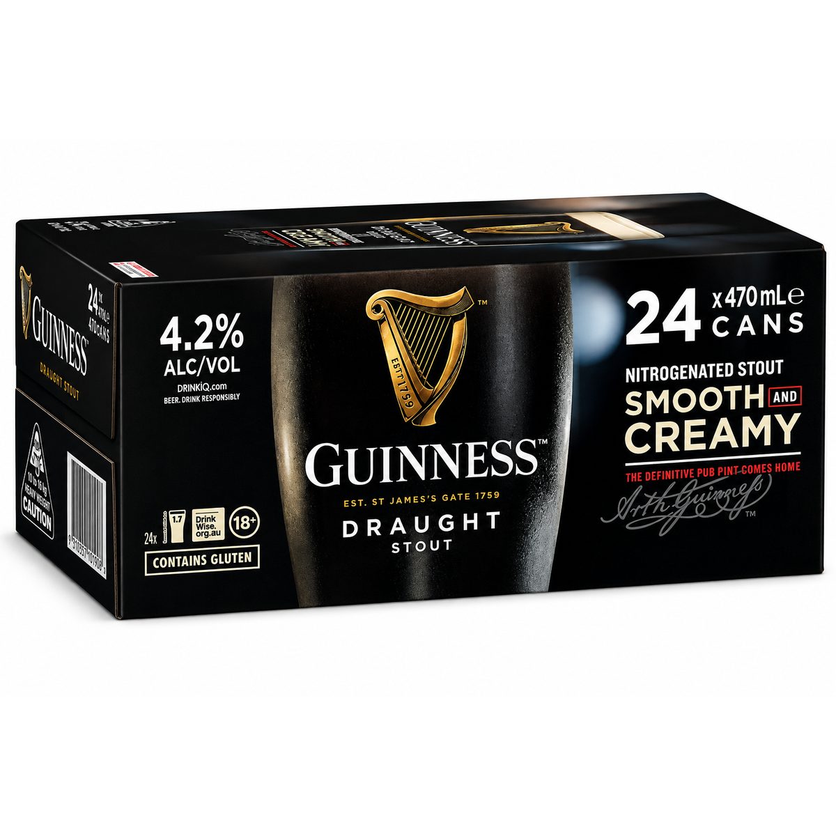 A 24-pack box of Guinness Draught Stout, 470ml cans, featuring the iconic black packaging with the gold harp logo and white brand text.