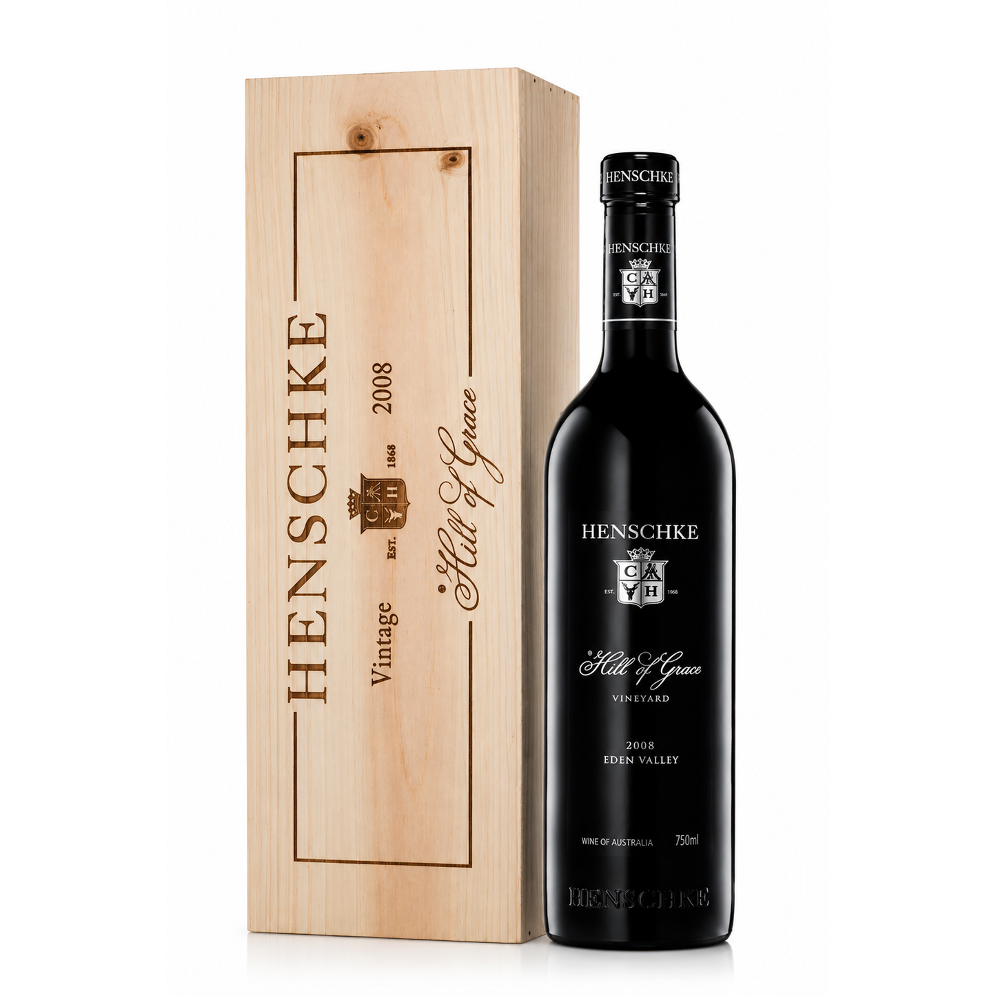 A bottle of Henschke Villa de Grace Vintage 2008 red wine next to its light natural wood presentation box, shown on a clean white background.