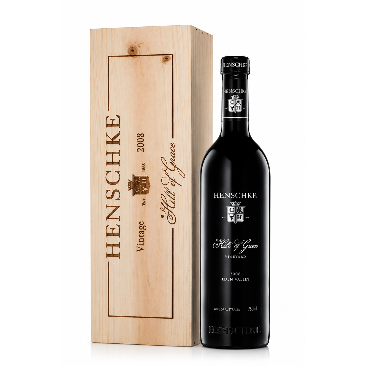 A bottle of Henschke Villa de Grace Vintage 2008 red wine next to its light natural wood presentation box, shown on a clean white background.