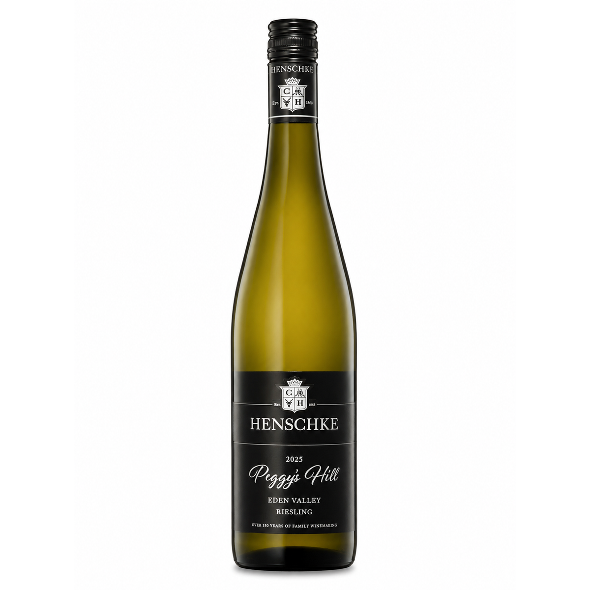 A bottle of Henschke Pegasi Hill Eden Valley Reeling white wine, featuring a dark green glass bottle with a black label and black screw cap, set against a plain white background.