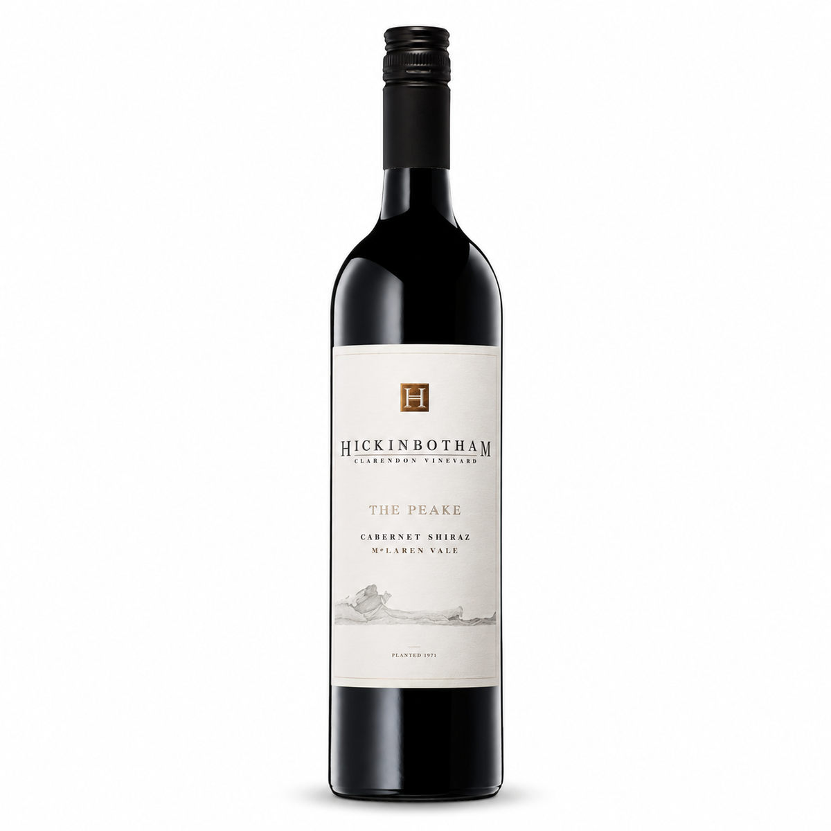 A bottle of Hickinbothum The Peake Cabernet Shiraz from McLaren Vale, featuring a dark glass bottle with a cream-colored label and a black screw cap, set against a plain white background.