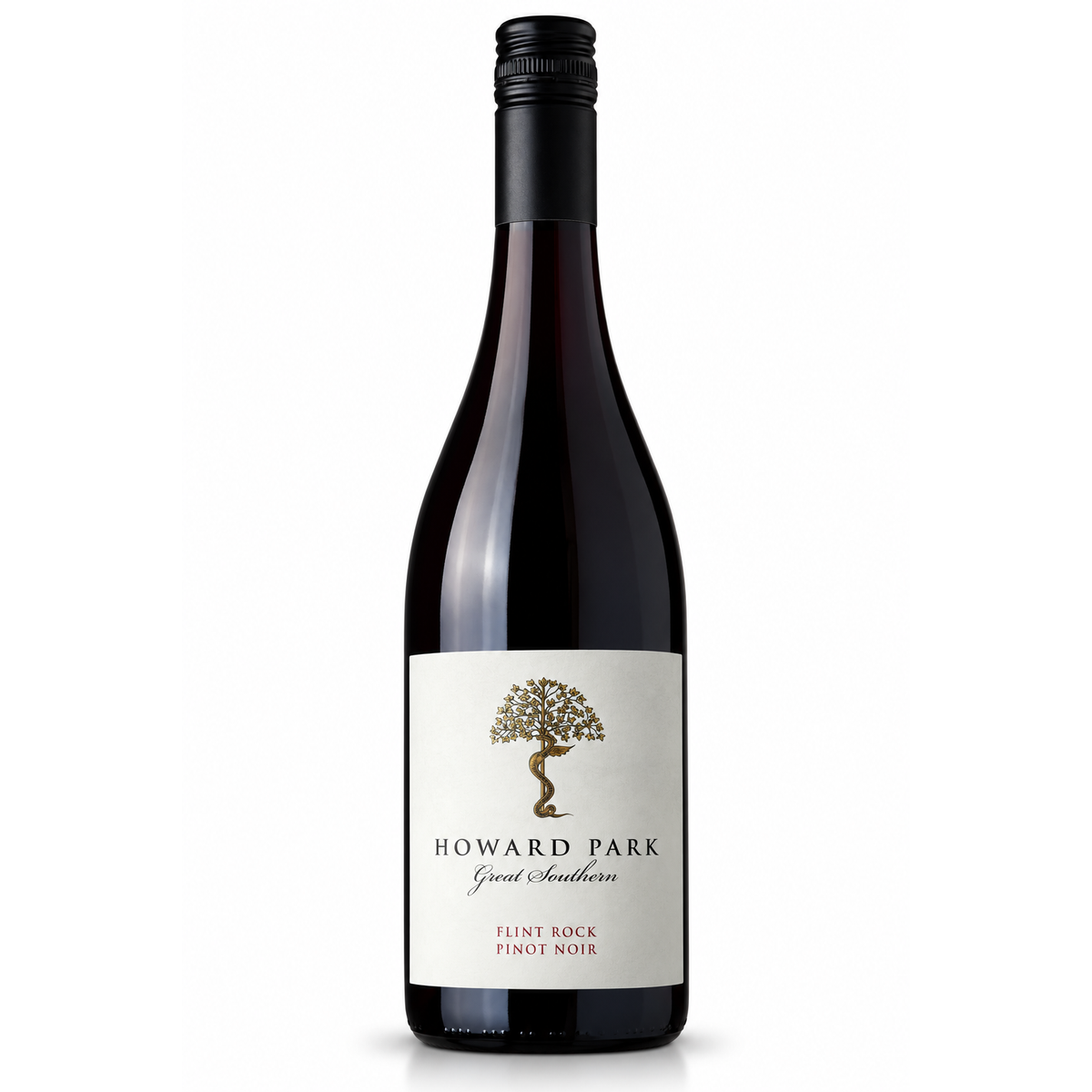 A bottle of Howard Park Great Southern Flint Rock Pinot Noir red wine, featuring a white label with a gold tree logo and black text, set against a plain white background.