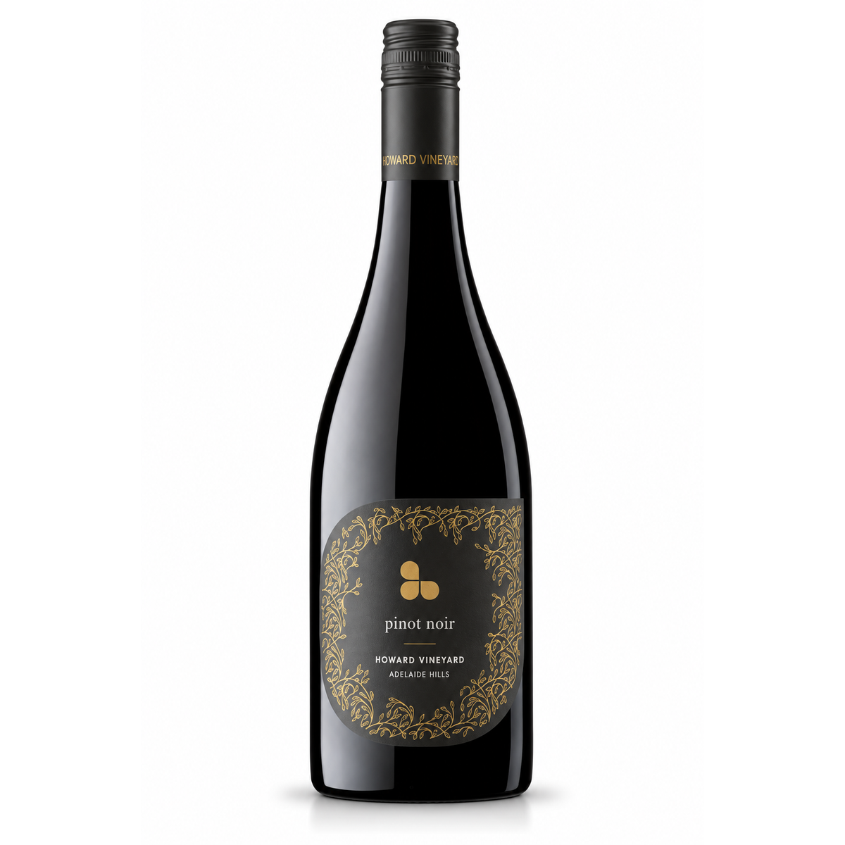 A bottle of Howard Vineyard Pinot Noir red wine, featuring a dark glass bottle with a black label and gold decorative details, set against a plain white background.