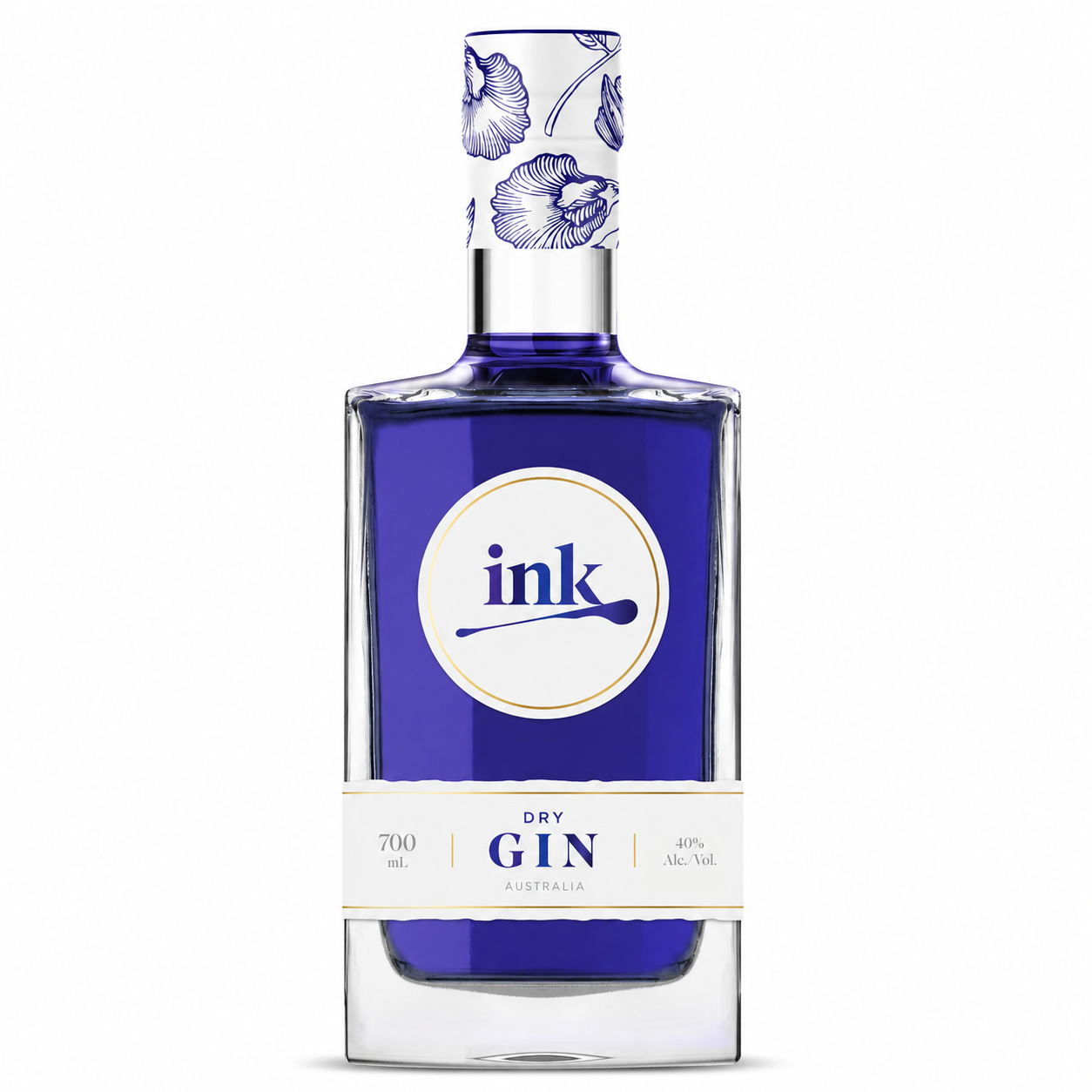A bottle of Ink Dry Gin with a vibrant cobalt blue liquid inside a clear glass bottle, featuring a white label with blue text and a blue floral pattern on the neck cap, set against a plain white background.