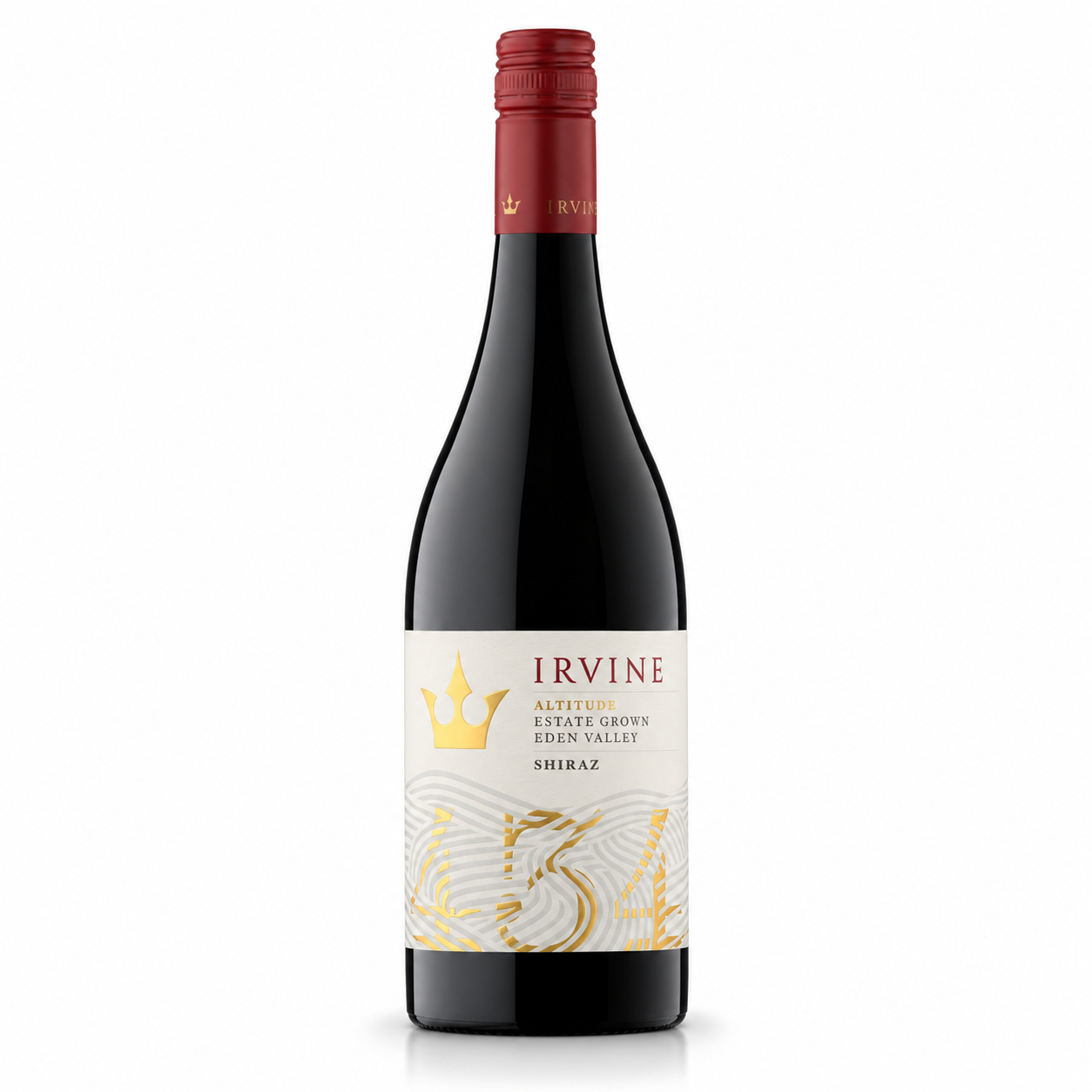 A bottle of Irvine Altitude Estate Grown Eden Valley Shiraz red wine, featuring a dark glass bottle, a red foil capsule, and a cream-colored label with gold lettering and a gold crown graphic.