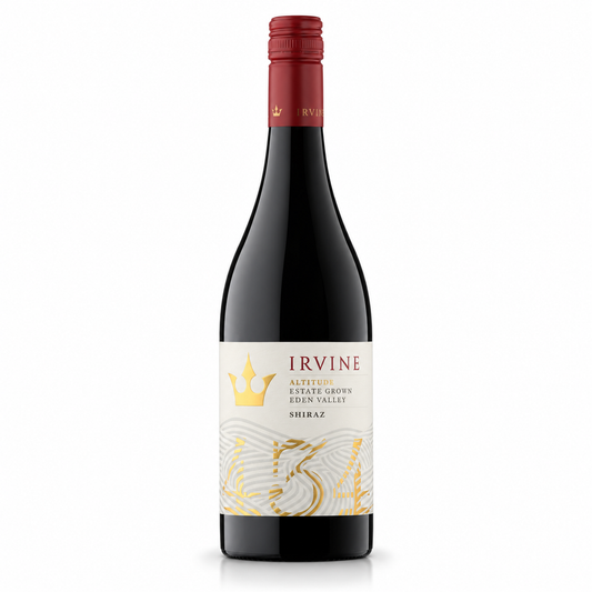 A bottle of Irvine Altitude Estate Grown Eden Valley Shiraz red wine, featuring a dark glass bottle, a red foil capsule, and a cream-colored label with gold lettering and a gold crown graphic.