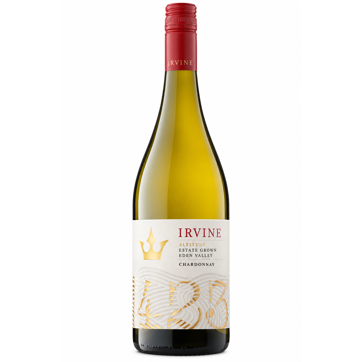 A bottle of Irvine Altitude Estate Grown Eden Valley Chardonnay, featuring a pale golden-yellow wine liquid, a red screw cap, and a white label with gold detailing.