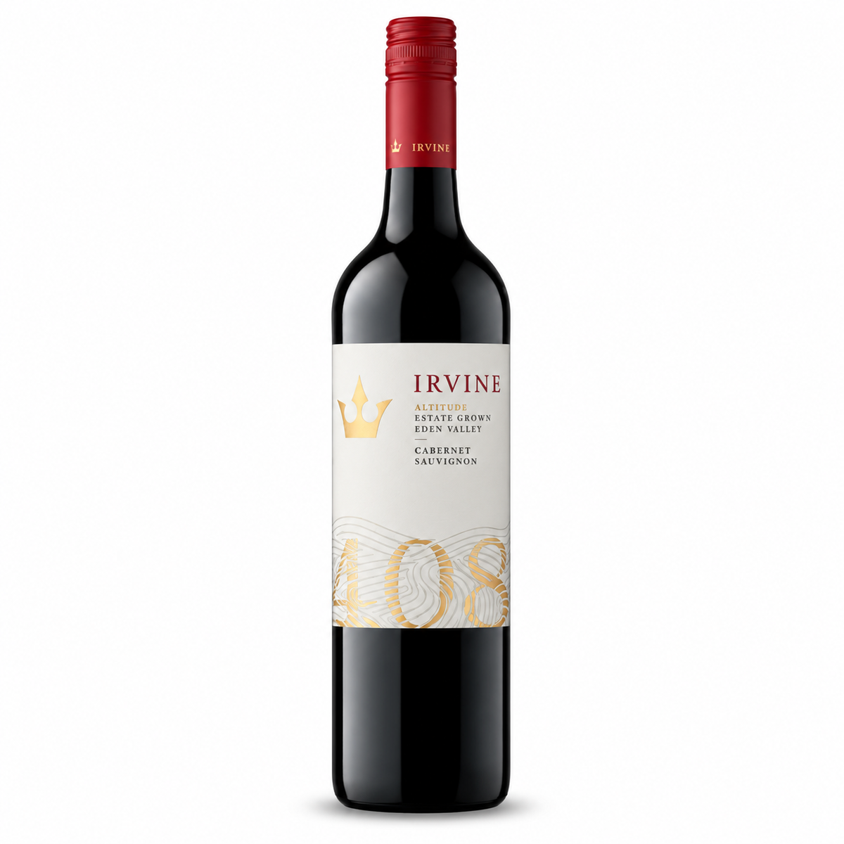 A bottle of Irvine Altitude Estate Eden Valley Cabernet Sauvignon, featuring a dark glass bottle with a red foil capsule and a cream-colored label with gold accents.