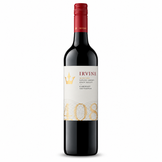 A bottle of Irvine Altitude Estate Eden Valley Cabernet Sauvignon, featuring a dark glass bottle with a red foil capsule and a cream-colored label with gold accents.