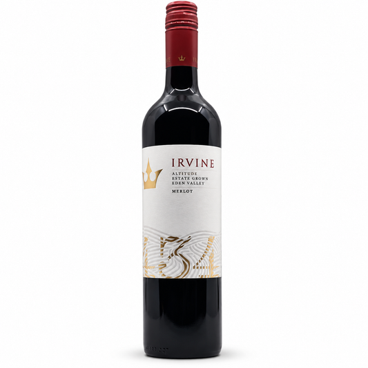 A bottle of Irvine Altitude Estate Grown Valley Merlot red wine, featuring a dark glass bottle with a white label and gold crown details, topped with a red foil capsule, set against a plain white background.